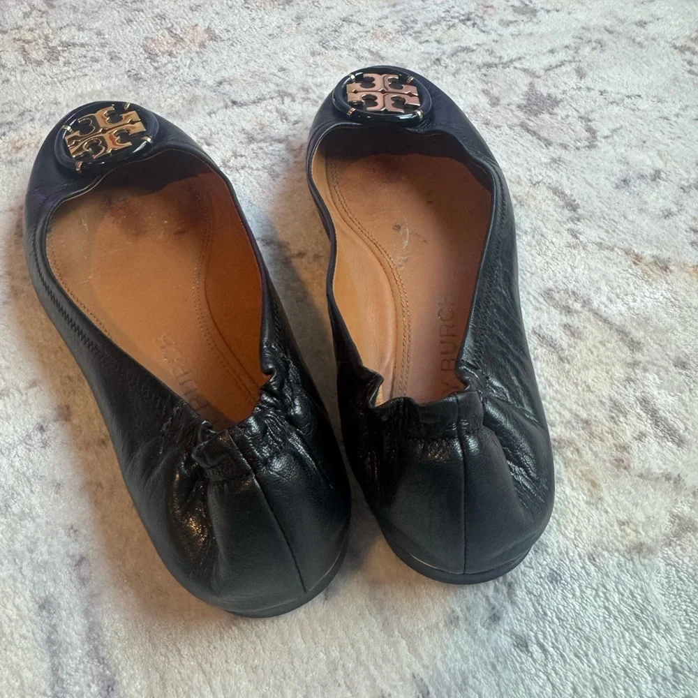 Tory Burch Black Leather Logo Ballet Flats with Gold Emblem